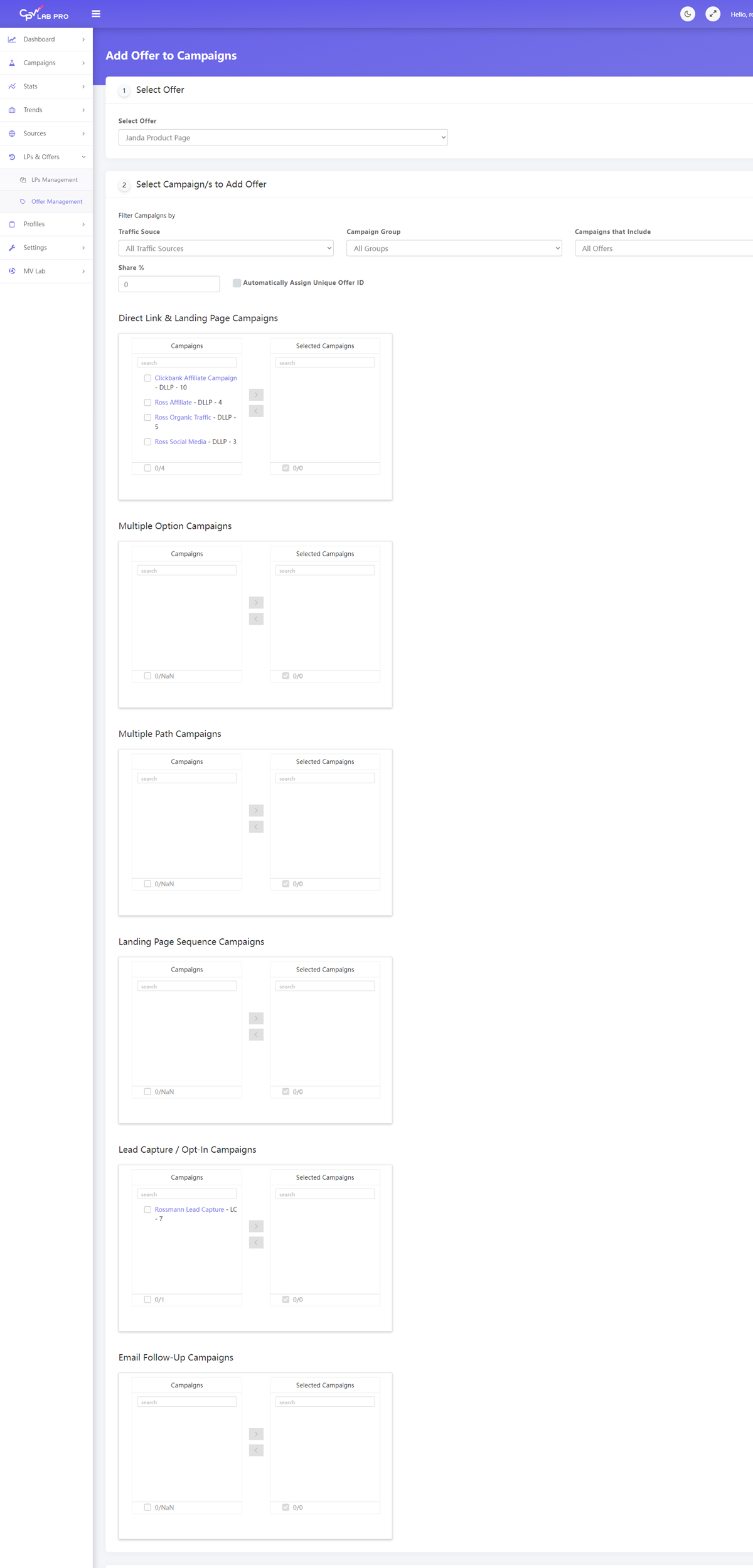 Add Offer to Campaigns Page