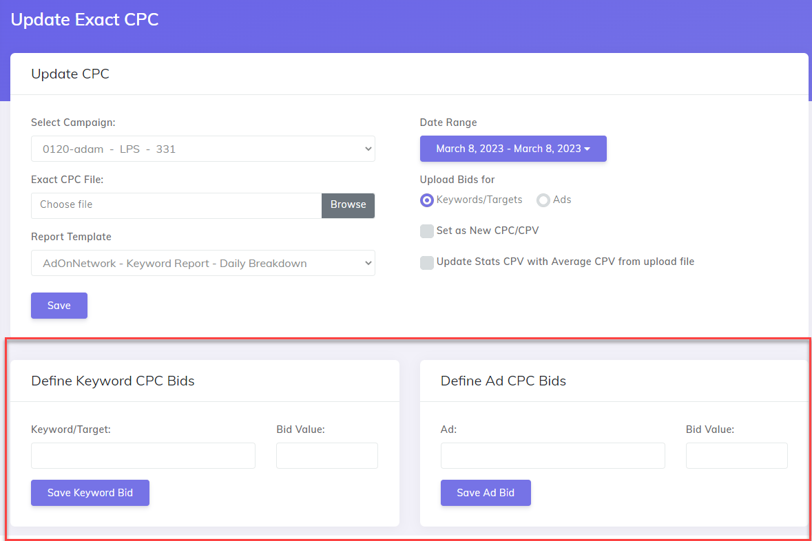 update CPC for keyword or Ad