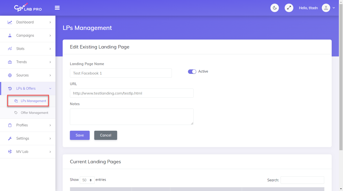Add Edit Landing pages