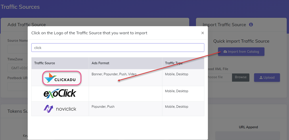 Clickadu import catalog