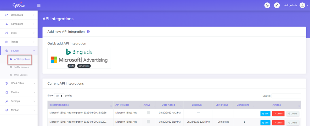 API integrations page