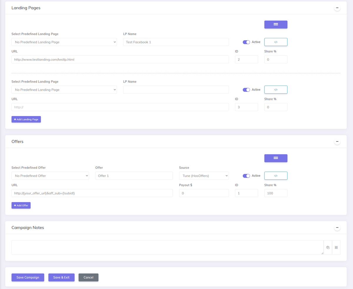 Add Edit Offers and Landing pages