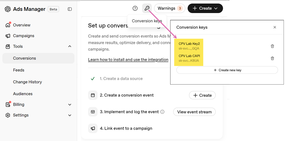 ChatGPT Ads Tools - showing a new key created