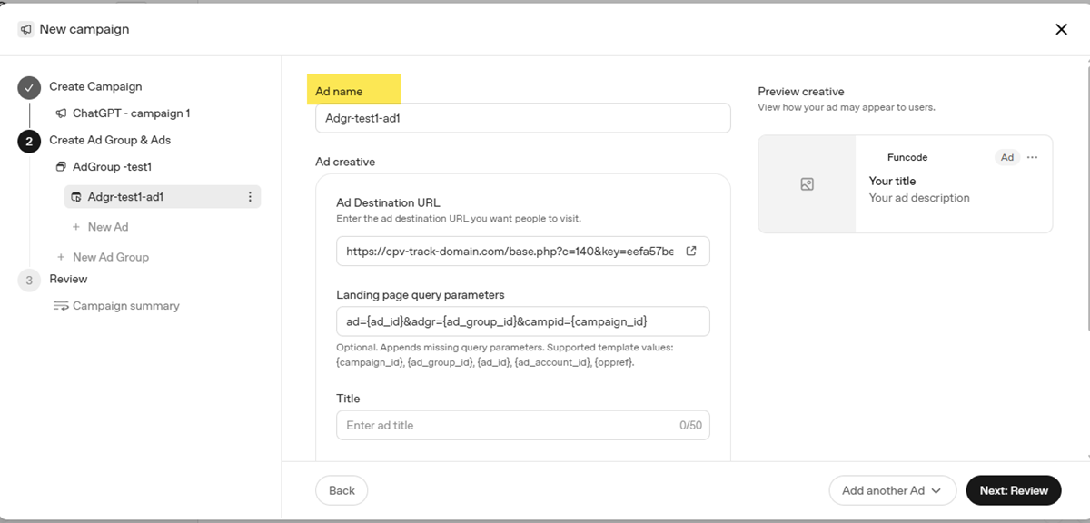ChatGPT Ads create campaign - setup destination URL at ad level