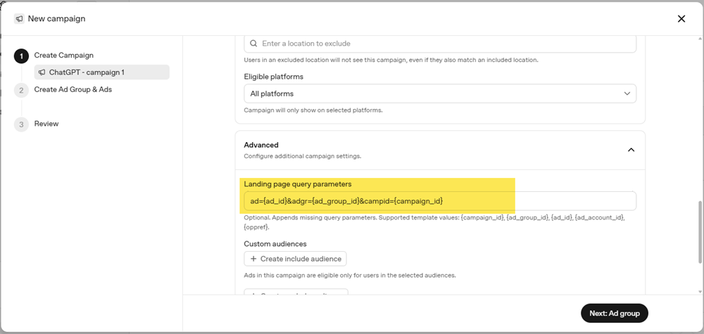 ChatGPT Ads create campaign - setup query parameters at campaign level