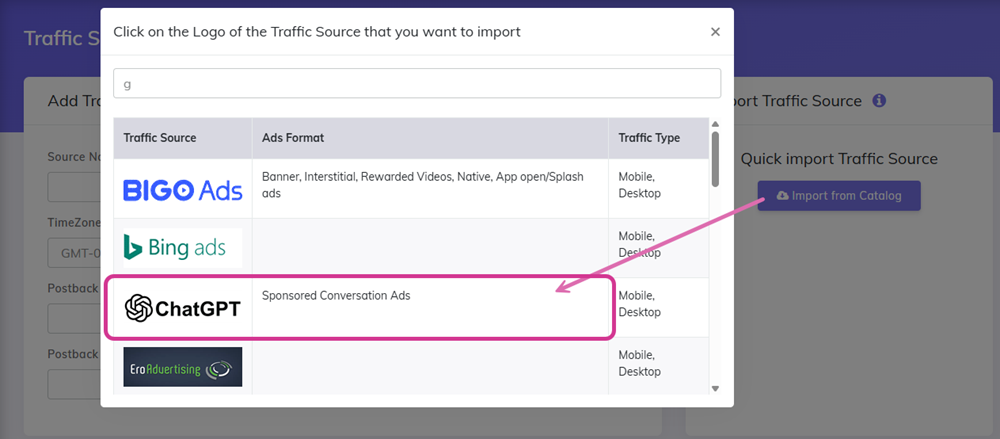 Traffic Source Catalog with ChatGPT Ads selected in CPV Lab