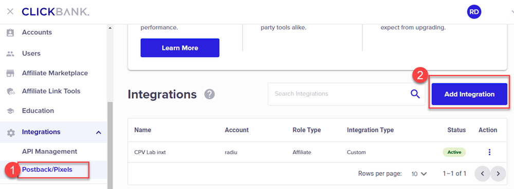 Create a new integration in Clickbank