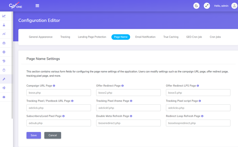 Configuration editor change tracking page name settings in CPV Lab and CPV One 