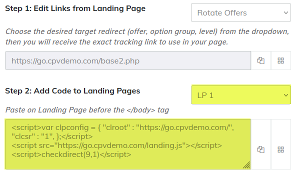 Direct traffic code for each landing page