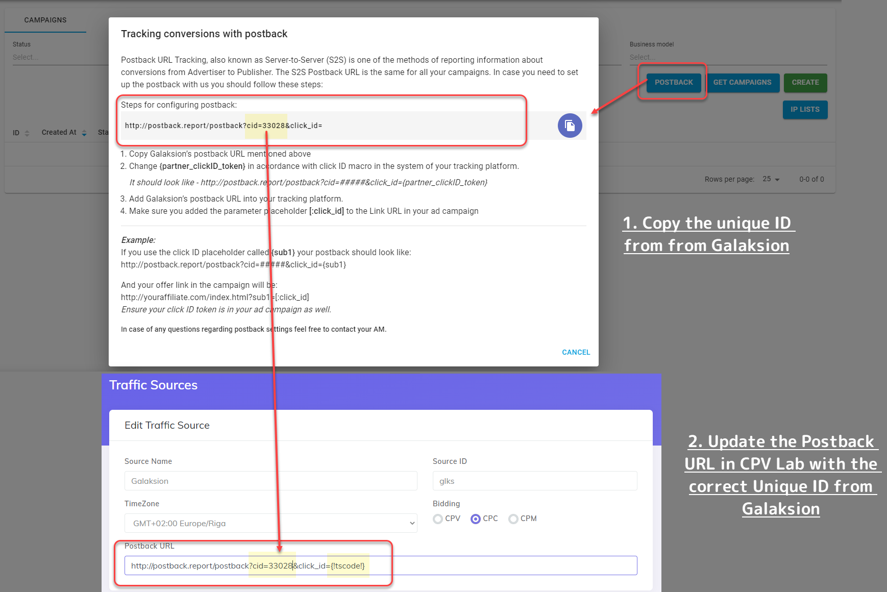 Galaksion Postback URL