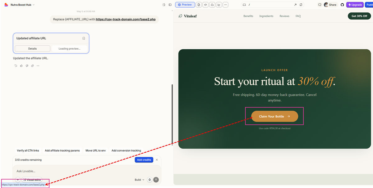 Lovable landing page affiliate links redirect tests