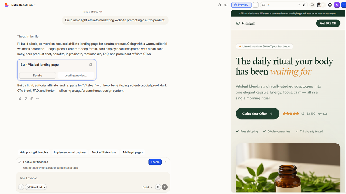 Create a new Lovable landing page for affiliate marketing