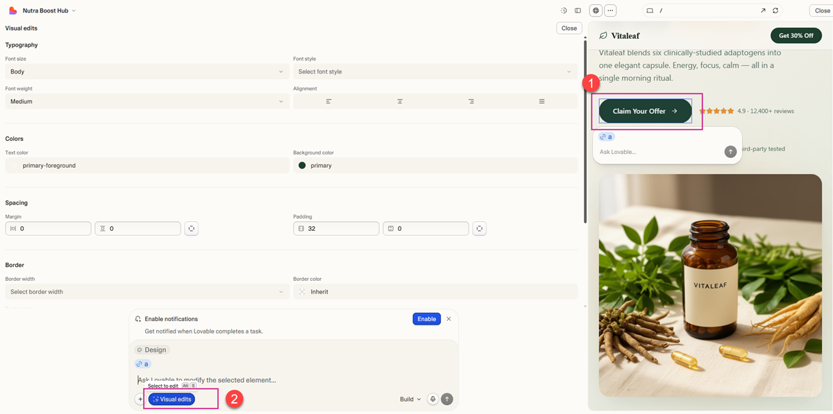 Lovable landing page CTA button edit