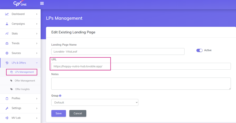 Change landing page link in CPV Lab with Lovable.dev link