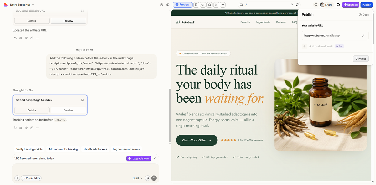 Lovable.dev publish landing page