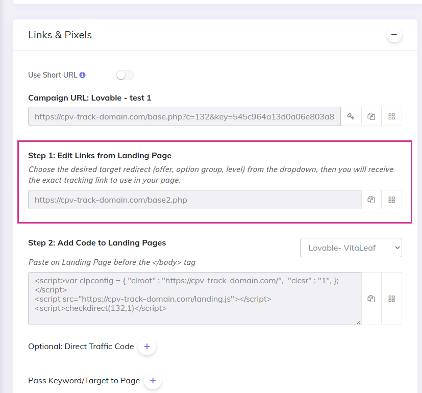 CPV Lab campaign with Lovable.dev landing page - tracking link