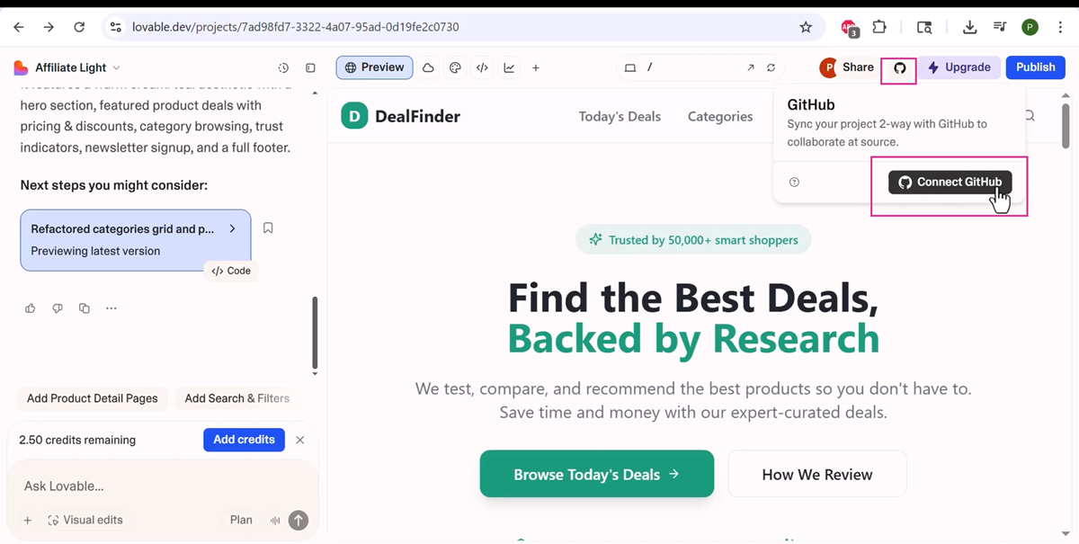Connect lovable.dev with github