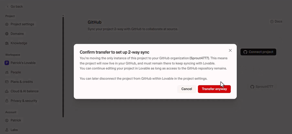 Connect Lovable.dev with Github transfer anyway