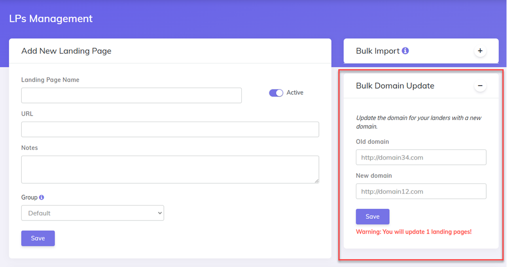 Landing Pages domain bulk update