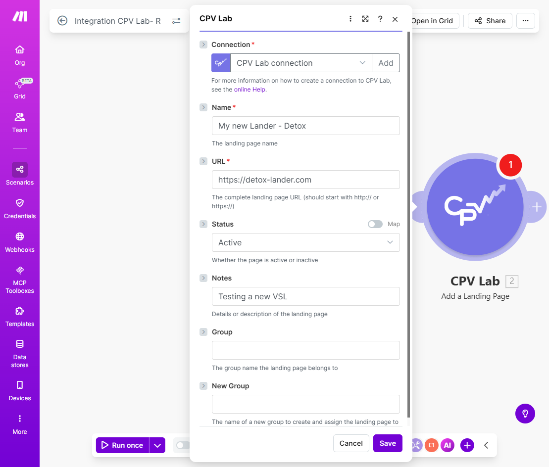 Make.com module config for Add Landing Page in CPV Lab / CPV One