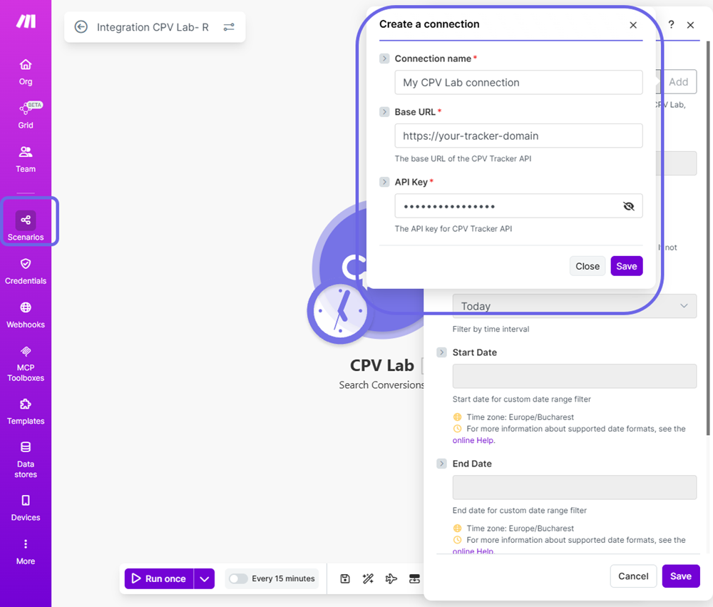 Make.com connection popup
