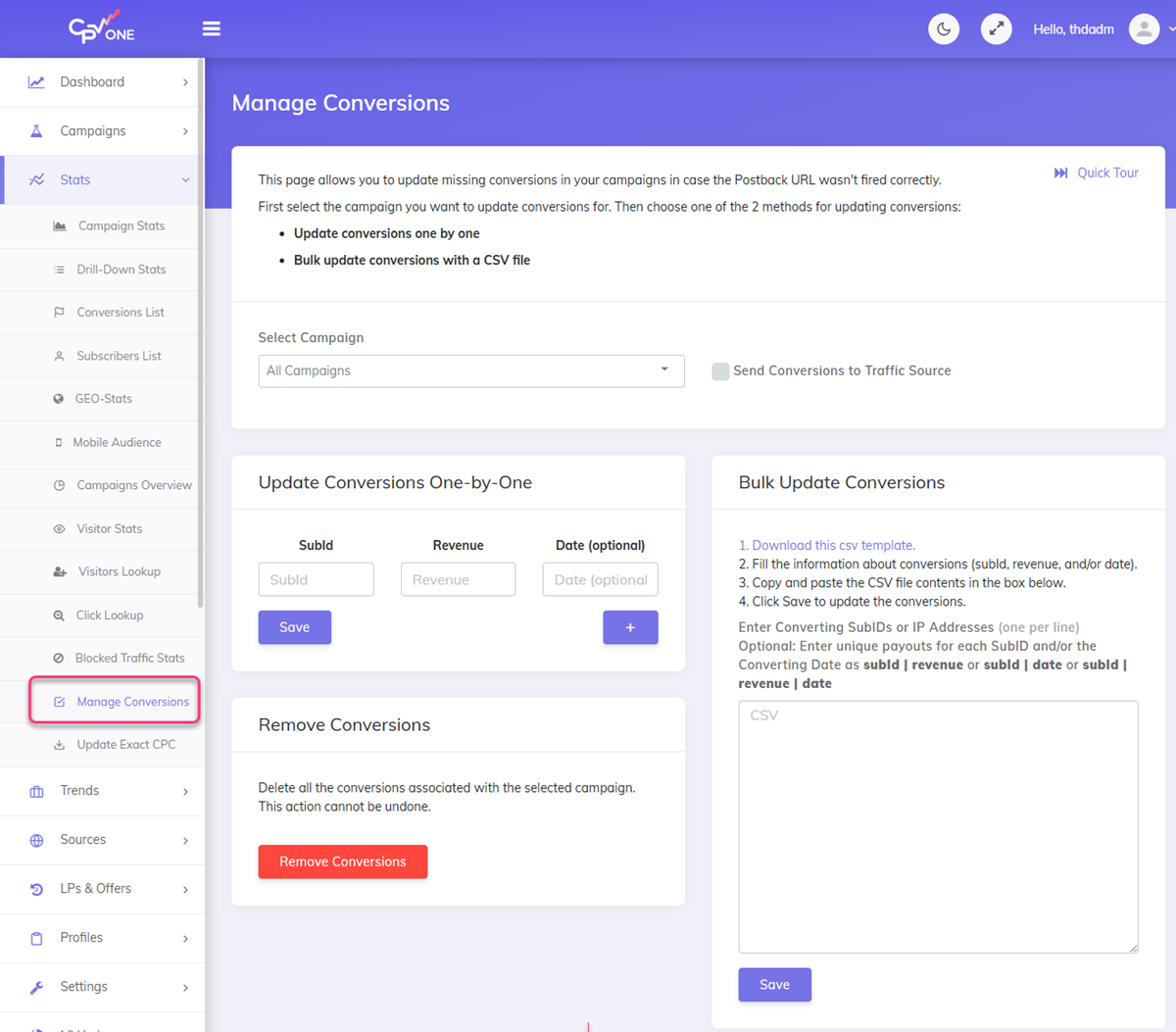 CPV Lab manage conversions