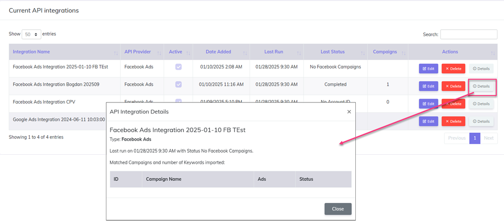  Meta (Facebook) Ads API matched campaigns
