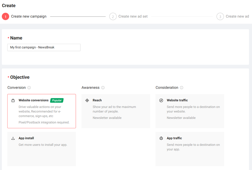 NewsBreak Add Campaign name and objective