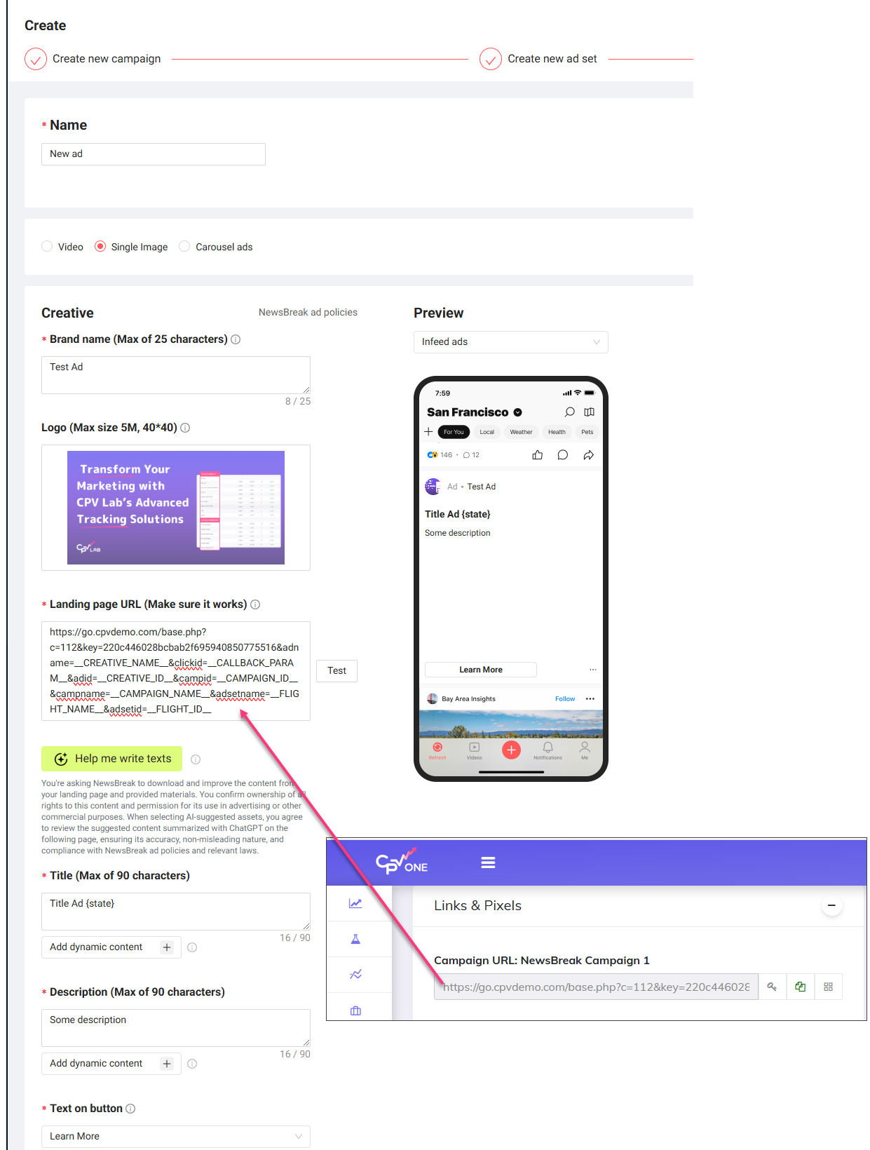 NewsBreak create a new ad