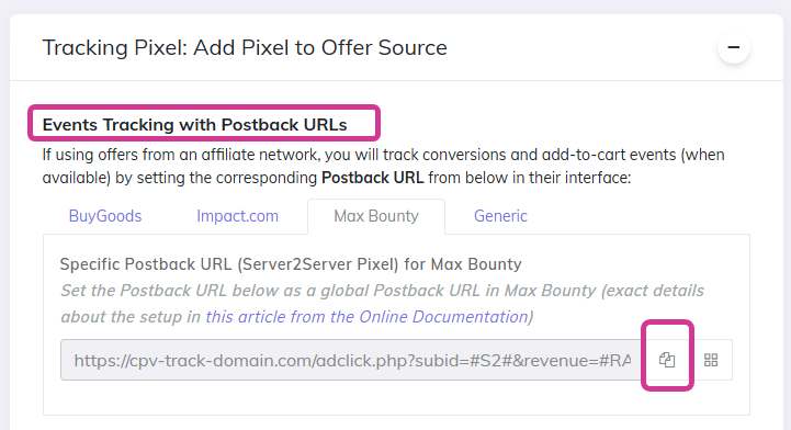 Campaign setup page - Links & Pixels section - Postback URL 