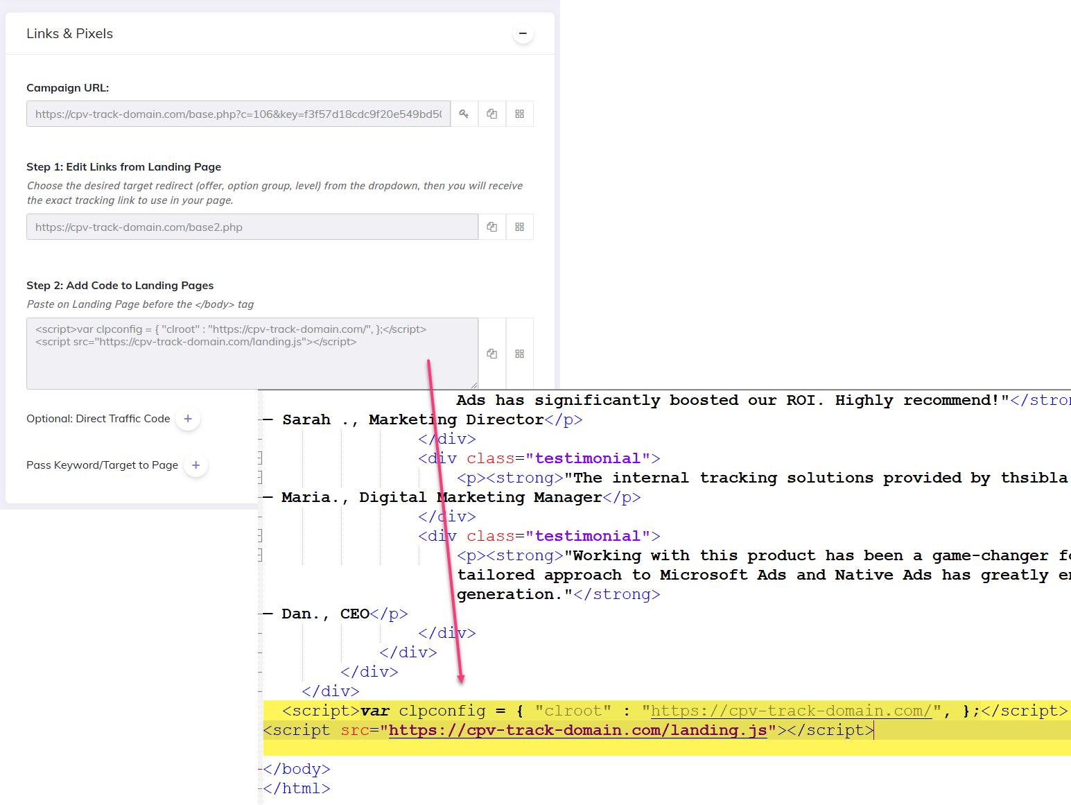Add tracking code to the landing page