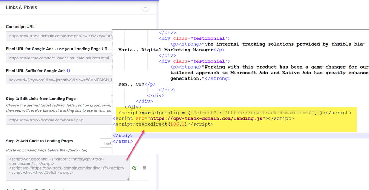 Add Google Ads tracking code to the landing page