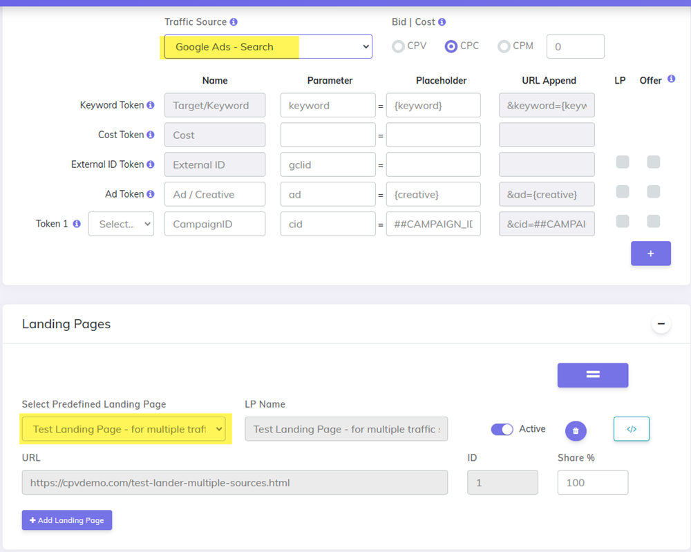 Select same landing page in Google campaign setup