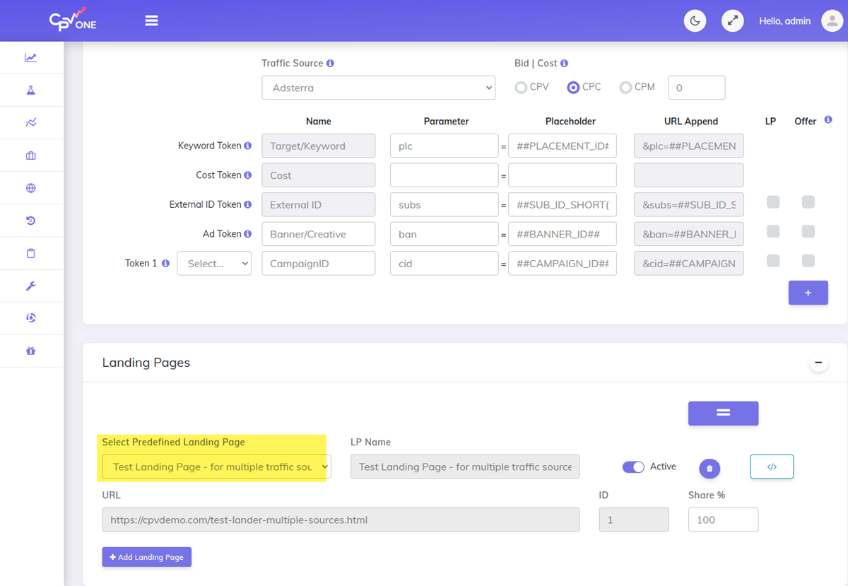 Select same landing page in campaign setup